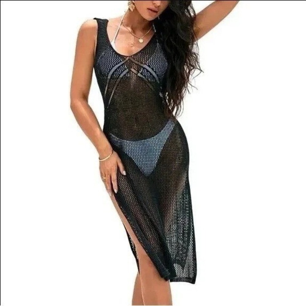 NEW‎ Cupshe Black Crochet Open Weave Knit Tank Swim Cover Up Dress S Beach Sheer